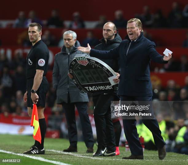 Manager Ronald Koeman of Everton watches from the touchline during the Premier League match between Manchester United and Everton at Old Trafford on...