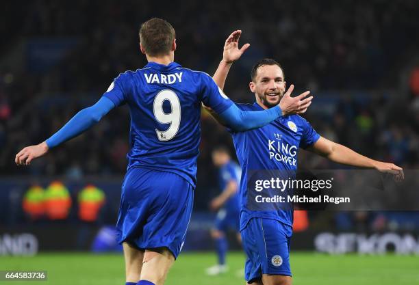 Jamie Vardy of Leicester City celebrates scoring his sides second goal with Danny Drinkwater of Leicester City during the Premier League match...
