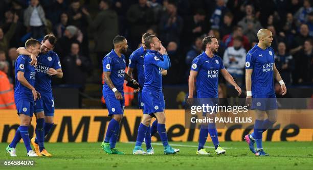 Leicester City's English striker Jamie Vardy celebrates scoring his team's second goal during the English Premier League football match between...