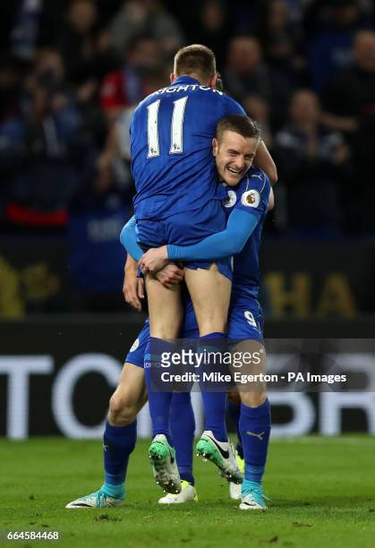 Leicester City's Jamie Vardy celebrates scoring his sides second goal with Marc Albrighton during the Premier League match at the King Power Stadium,...