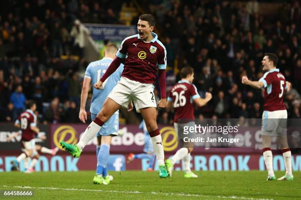 Matthew Lowton of Burnley celebrates after the Premier League match between Burnley and Stoke City at Turf Moor on April 4, 2017 in Burnley, England.
