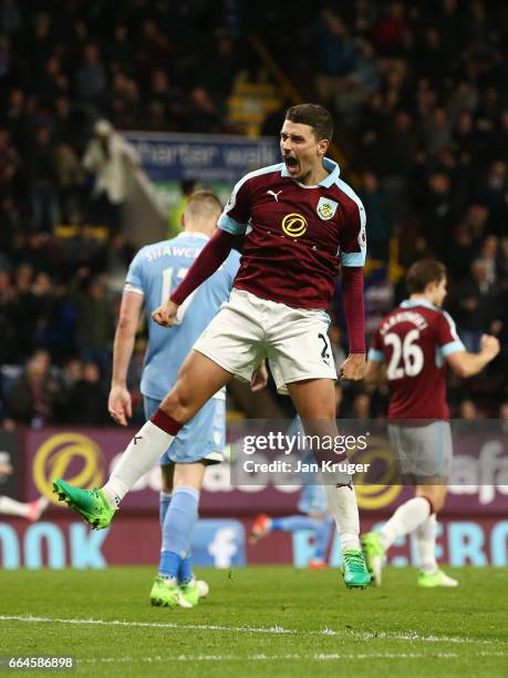 Matthew Lowton of Burnley celebrates after the Premier League match between Burnley and Stoke City at Turf Moor on April 4, 2017 in Burnley, England.