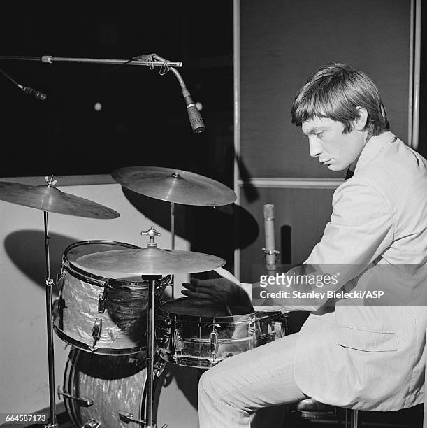 Drummer Charlie Watts of the Rolling Stones at a BBC radio recording session at the Playhouse Theatre, London, circa 1965.