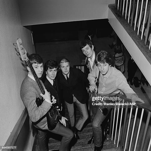 English pop group The Hollies at BBC Television Centre, for an appearance on the 'Top Of The Pops' TV show, London, 3rd June 1965. The group are to...