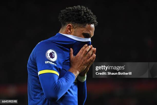 Ashley Williams of Everton is dejected during the Premier League match between Manchester United and Everton at Old Trafford on April 4, 2017 in...