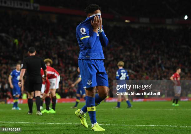 Ashley Williams of Everton reacts to being sent off during the Premier League match between Manchester United and Everton at Old Trafford on April 4,...