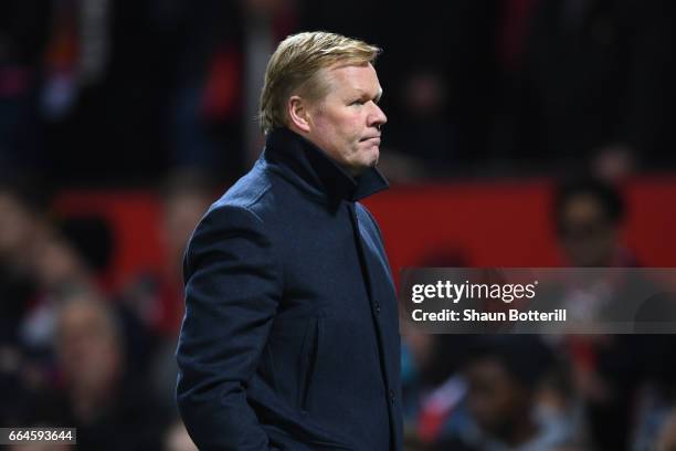 Ronald Koeman Manager of Everton looks dejected during the Premier League match between Manchester United and Everton at Old Trafford on April 4,...