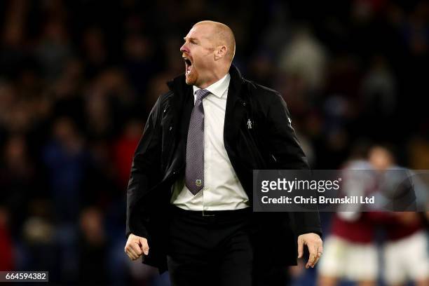 Burnley manager Sean Dyche celebrates at full-time following the Premier League match between Burnley and Stoke City at Turf Moor on April 4, 2017 in...