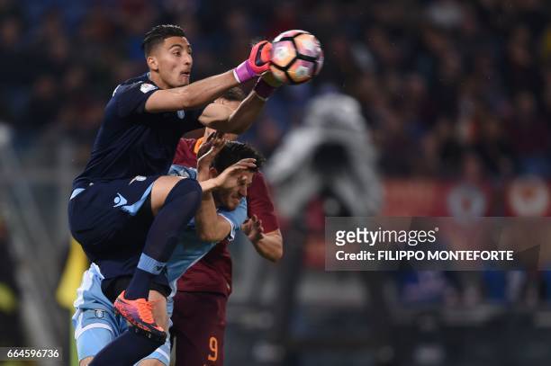 Lazio's goalkeeper from Albania Thomas Strakosha makes a save during the Italian Tim Cup second leg semi-final football match AS Roma vs Lazio on...