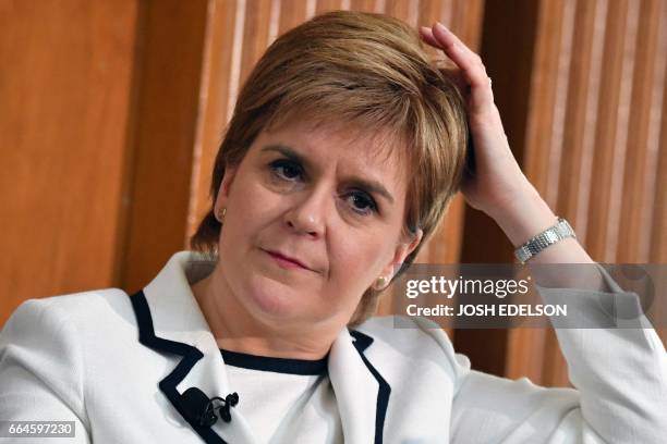 First Minister of Scotland Nicola Sturgeon speaks to students during an event at Stanford University in Stanford, California on April 04, 2017. -...