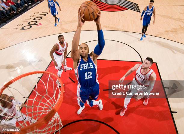 Gerald Henderson of the Philadelphia 76ers grabs the rebound against the Portland Trail Blazers during the game on March 9, 2017 at the Moda Center...