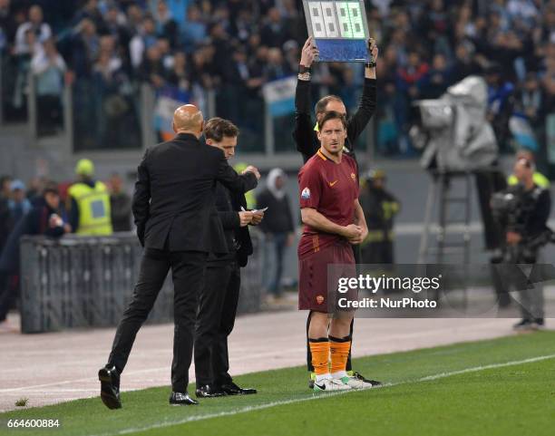 Francesco Totti, Luciano Spalletti during the Tim Cup football match A.S. Roma vs S.S. Lazio at the Olympic Stadium in Rome, on april 04, 2017.