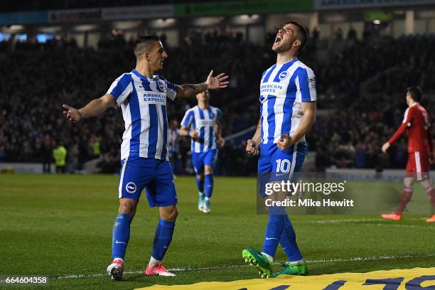 Tomer Hemed of Brighton celebrates with team mate Anthony Knockaert after scoring during the Sky Bet Championship match between Brighton & Hove...