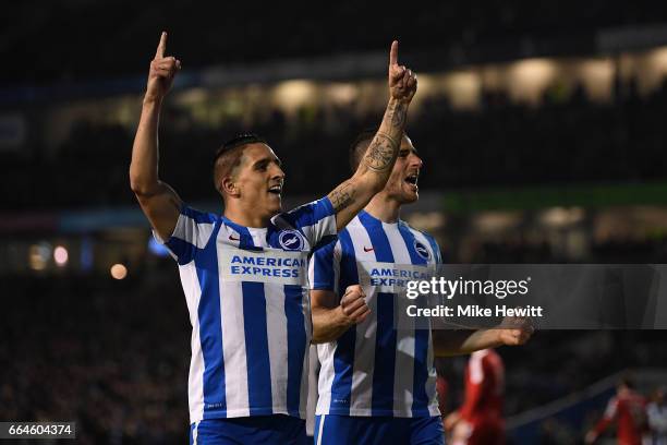 Tomer Hemed of Brighton celebrates with team mate Anthony Knockaert after scoring during the Sky Bet Championship match between Brighton & Hove...