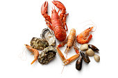 Seafood: Lobster, Langoustine, Shrimps, Oysters, Mussels and Clams on White