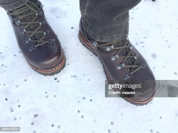 hiking boots on snow - schneebedeckt stock pictures, royalty-free photos & images