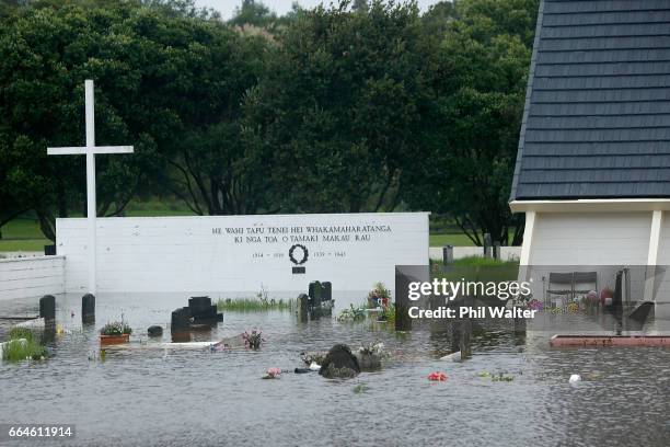 Church in Okahu Bay is surrounded by water on April 05, 2017 in Auckland, New Zealand. Torrential rain has hit the North Island as the remants of...