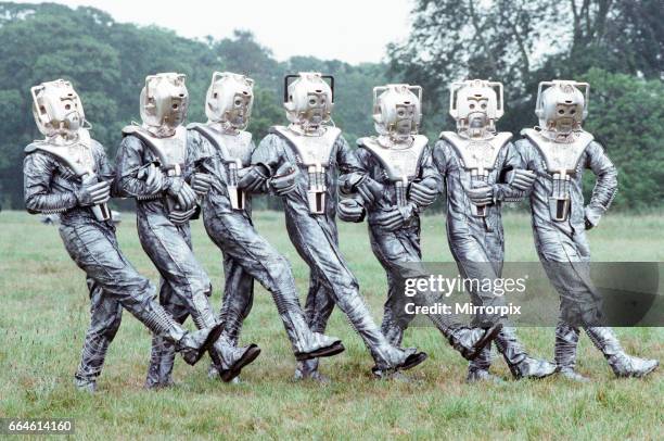 Extras dressed as Cybermen seen here on location near Arundel during the filming of the Dr Who story called The Silver Nemesis, 28th June 1988.