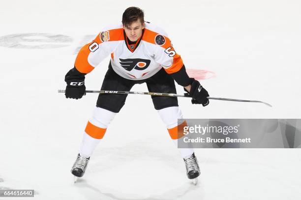 Samuel Morin of the Philadelphia Flyers skates in warm-ups prior to playing in his first NHL game against the New Jersey Devils at the Prudential...