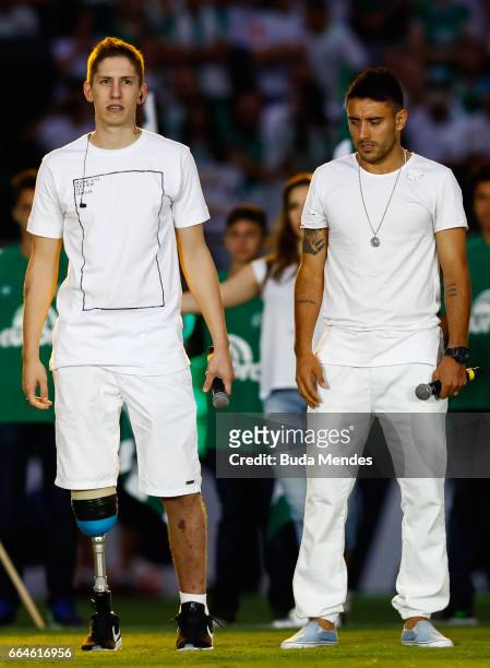 Survivors of the November 28, 2016 plane crash in Colombia that killed most of the Chapecoense football team, Alan Ruschel and Jakson Follmann, seen...
