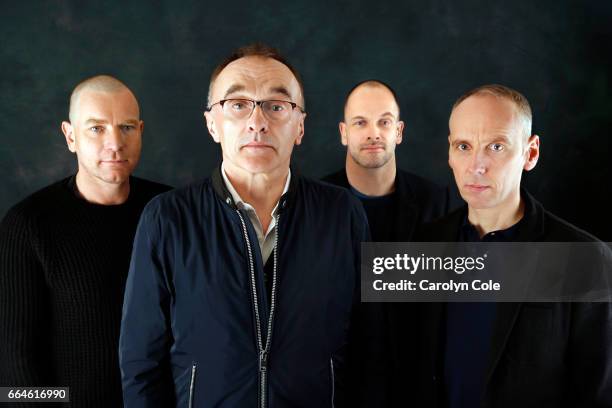 Director Danny Boyle, front, along with Ewan McGregor, left, Ewen Bremner, right, and Jonny Lee Miller, back, of Trainspotting as they reunite for a...