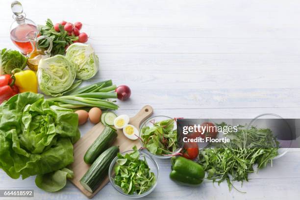 salads: ingredients for salad still life - salad stock pictures, royalty-free photos & images