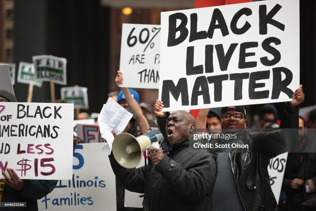 Black Lives Matter Protesters Join Living Wage Activists For Rally And March In Chicago