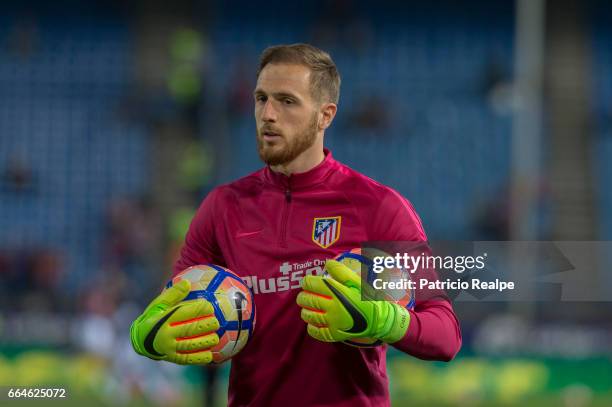 Jan Oblak goalkeeper of Atletico de Madrid warms up before the match between Atletico Madrid v Real Sociedad as part of La Liga 2017 at Vicente...