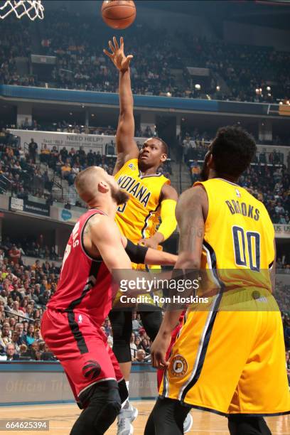 Lavoy Allen of the Indiana Pacers shoots the ball during the game against the Toronto Raptors on April 4, 2017 at Bankers Life Fieldhouse in...