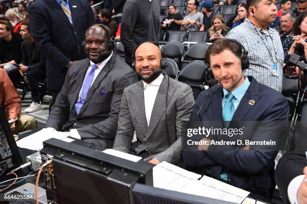 Brent Barry, Derek Fisher, and Shaquille O'Neal are seen during the game between the LA Clippers and the New York Knicks on March 20, 2017 at STAPLES...