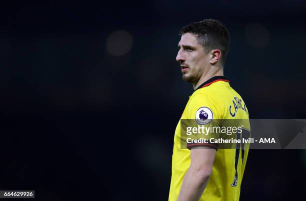Craig Cathcart of Watford during the Premier League match between Watford and West Bromwich Albion at Vicarage Road on April 4, 2017 in Watford,...