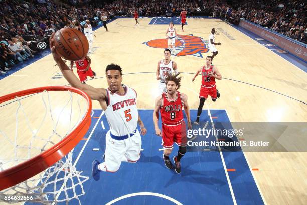 Courtney Lee of the New York Knicks goes up for a lay up against the Chicago Bulls on April 4, 2017 at Madison Square Garden in New York City, New...