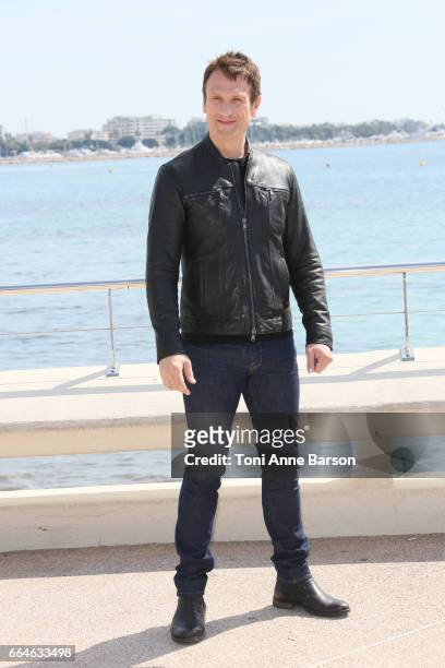 Simon Merrells attends "Knightfall" photocall during MIPTV 2017 on April 4, 2017 in Cannes, France.