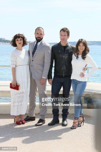 Olivia Ross, Tom Cullen, Simon Merrells and Sabrina Bartlett attend "Knightfall" photocall during MIPTV 2017 on April 4, 2017 in Cannes, France.