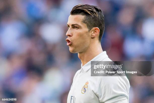 Cristiano Ronaldo of Real Madrid reacts during their La Liga match between Real Madrid and Deportivo Alaves at the Santiago Bernabeu Stadium on 02...