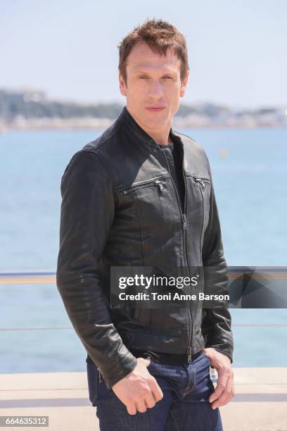 Simon Merrells attends "Knightfall" photocall during MIPTV 2017 on April 4, 2017 in Cannes, France.