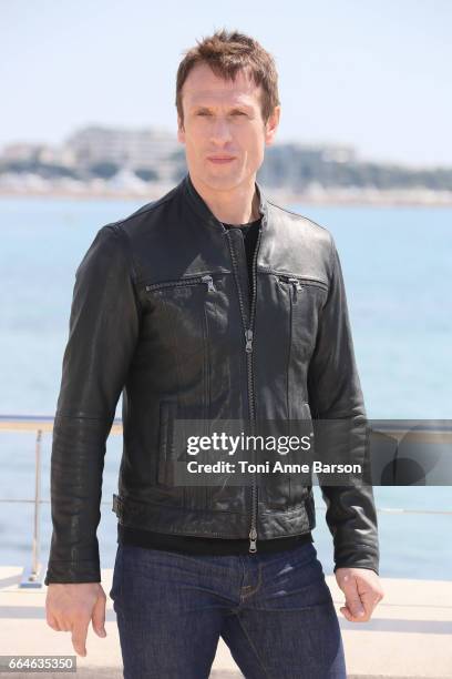Simon Merrells attends "Knightfall" photocall during MIPTV 2017 on April 4, 2017 in Cannes, France.