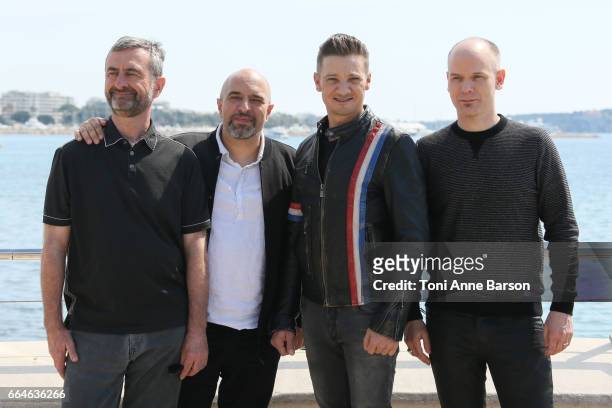 Richard Rayner, Dominic Minghella, Jeremy Renner and Don Handfield attend "Knightfall" photocall during MIPTV 2017 on April 4, 2017 in Cannes, France.