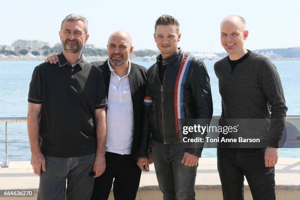 Richard Rayner, Dominic Minghella, Jeremy Renner and Don Handfield attend "Knightfall" photocall during MIPTV 2017 on April 4, 2017 in Cannes, France.