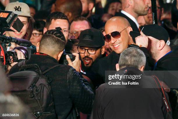 Actor Vin Diesel with fans during the premiere for the film 'Fast & Furious 8' at Sony Centre on April 4, 2017 in Berlin, Germany.