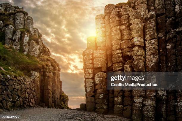 sonnenuntergang am giant's causeway in nordirland - giant's causeway stock-fotos und bilder