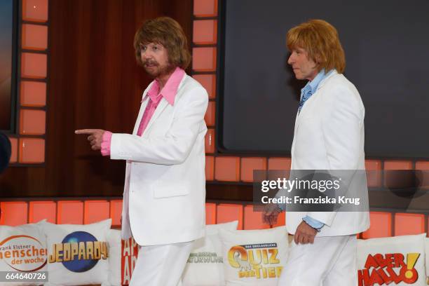 Guenther Jauch and Thomas Gottschalk, dressed as members of the Swedish band ABBA, during the photo call for TV Show 'Top, die Wette gilt! 75 Jahre...