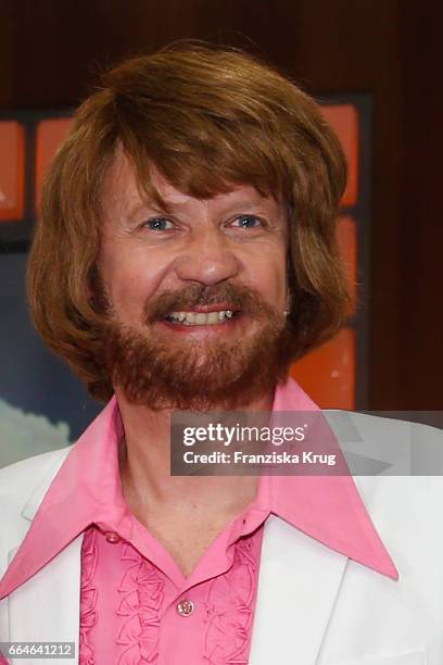 Guenther Jauch, dressed as a member of the Swedish band ABBA, during the photo call for TV Show 'Top, die Wette gilt! 75 Jahre Frank Elstner' in...