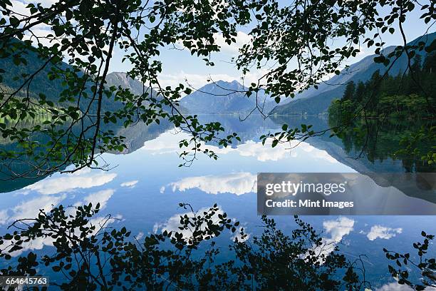 mirror reflections, the sky and clouds reflected in the surface of hte water of lake crescent. - olympic national park stock pictures, royalty-free photos & images