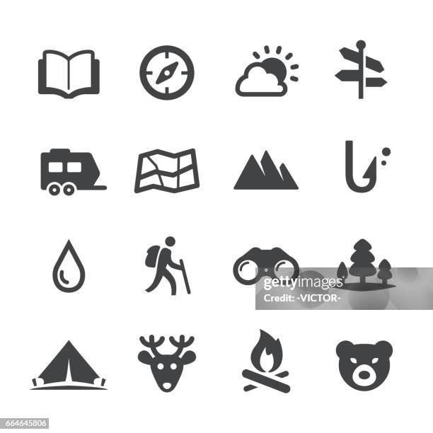 illustrazioni stock, clip art, cartoni animati e icone di tendenza di icone di viaggio e campeggio - serie acme - camping icons