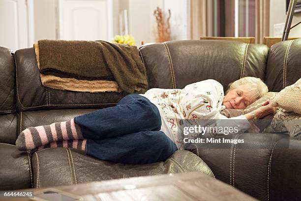 a grey haired woman lying on a sofa taking a nap. - lying on side stock pictures, royalty-free photos & images