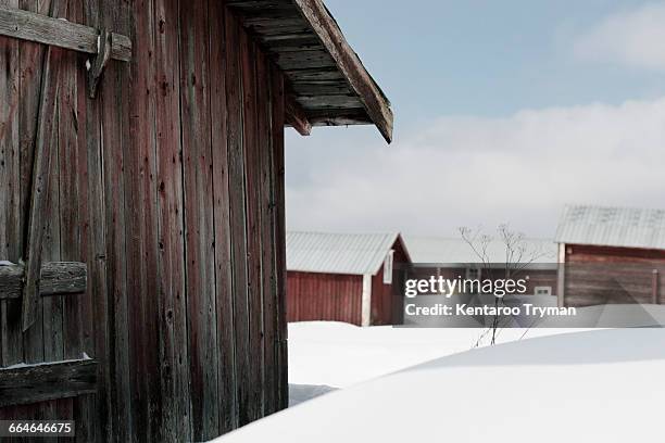 houses on snow covered field against sky - jamtland stockfoto's en -beelden