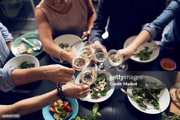 high angle view of multi-ethnic friends toasting wineglasses - dinner friends bildbanksfoton och bilder