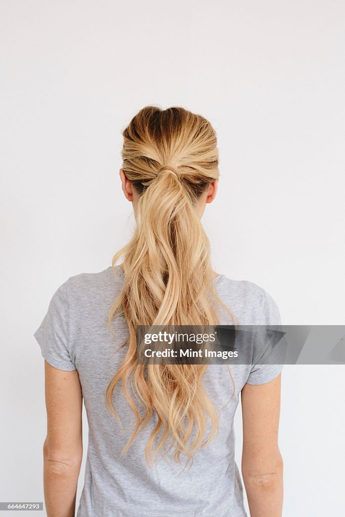 A young woman with long blond wavy hair tied in a ponytail. Back view.