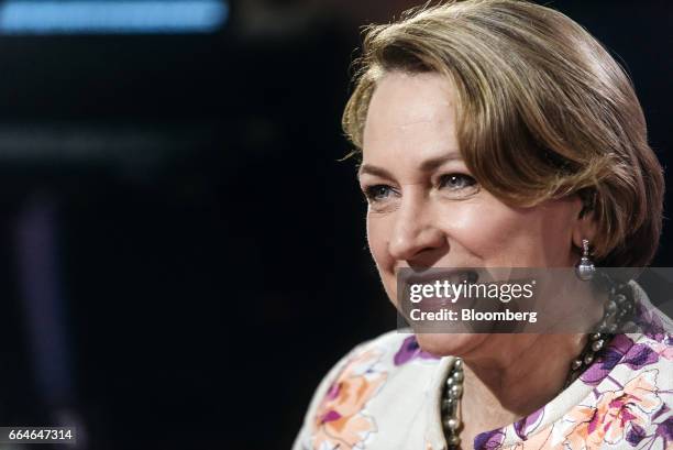 Inga Beale, chief executive officer of Lloyd's of London, reacts during a Bloomberg Television interview in Hong Kong, China, on Wednesday, April 5,...